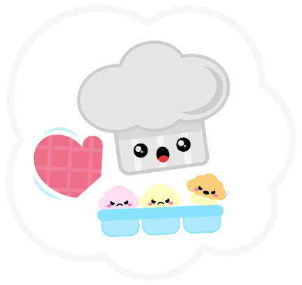 Kawaii bakers hat with oven mitt surprised by a trau of Cranky Cupz!